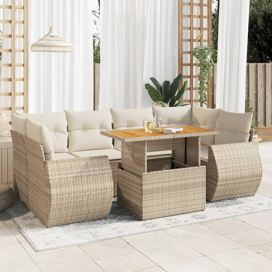 7-delige Loungeset met kussens poly rattan beige