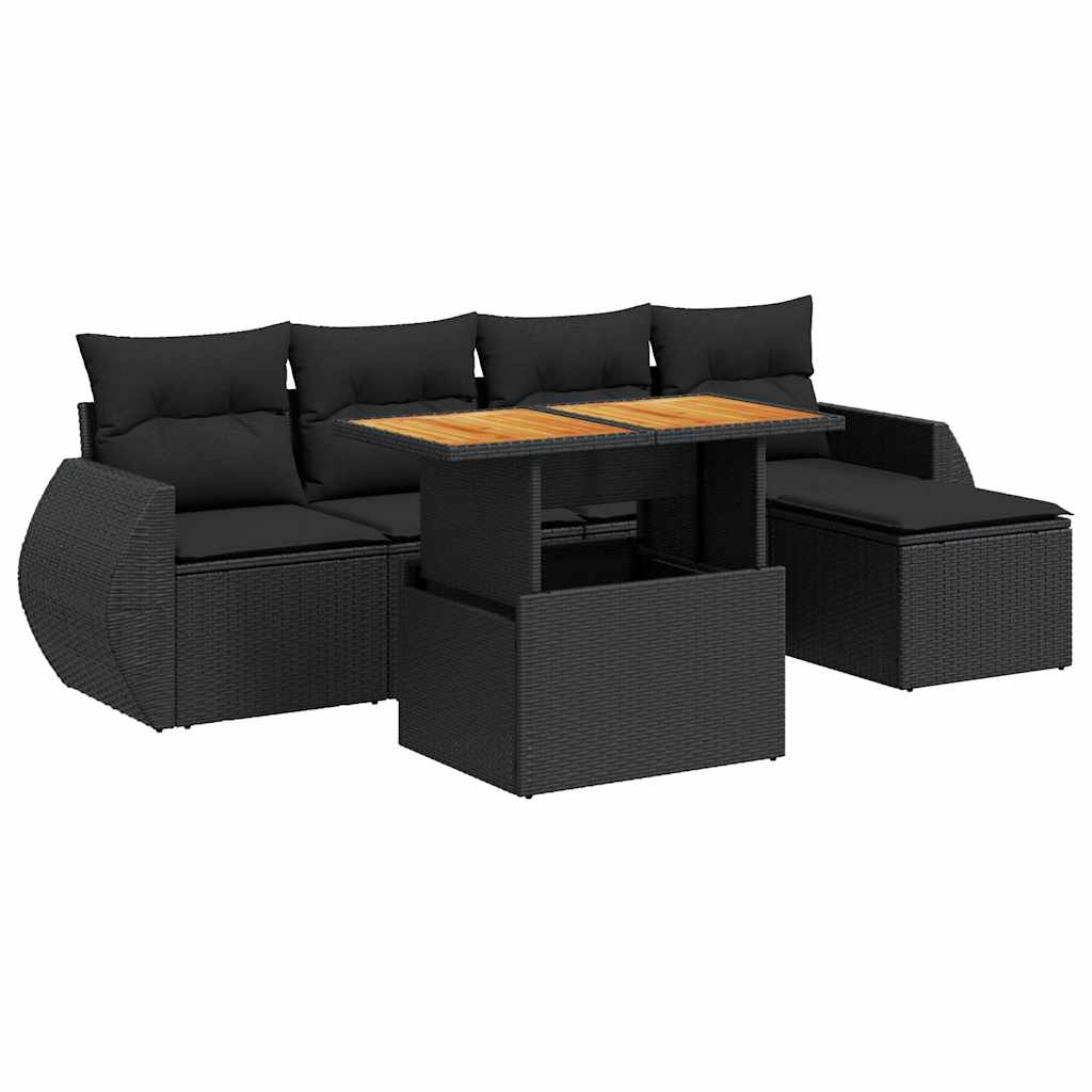 6-delige Loungeset met kussens poly rattan zwart