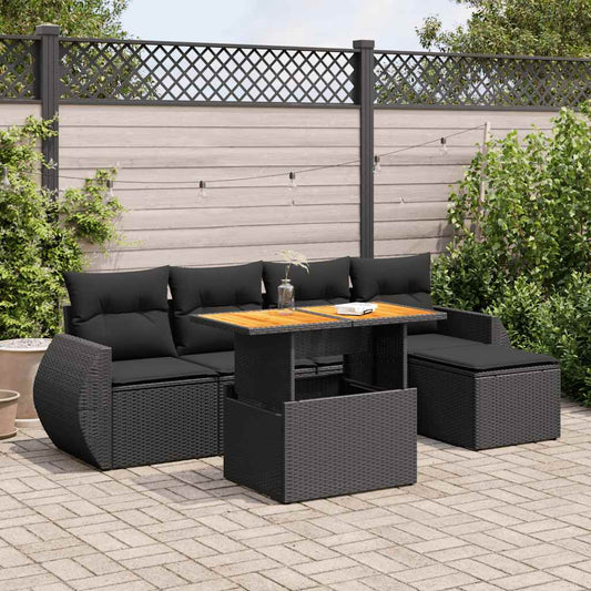 6-delige Loungeset met kussens poly rattan zwart