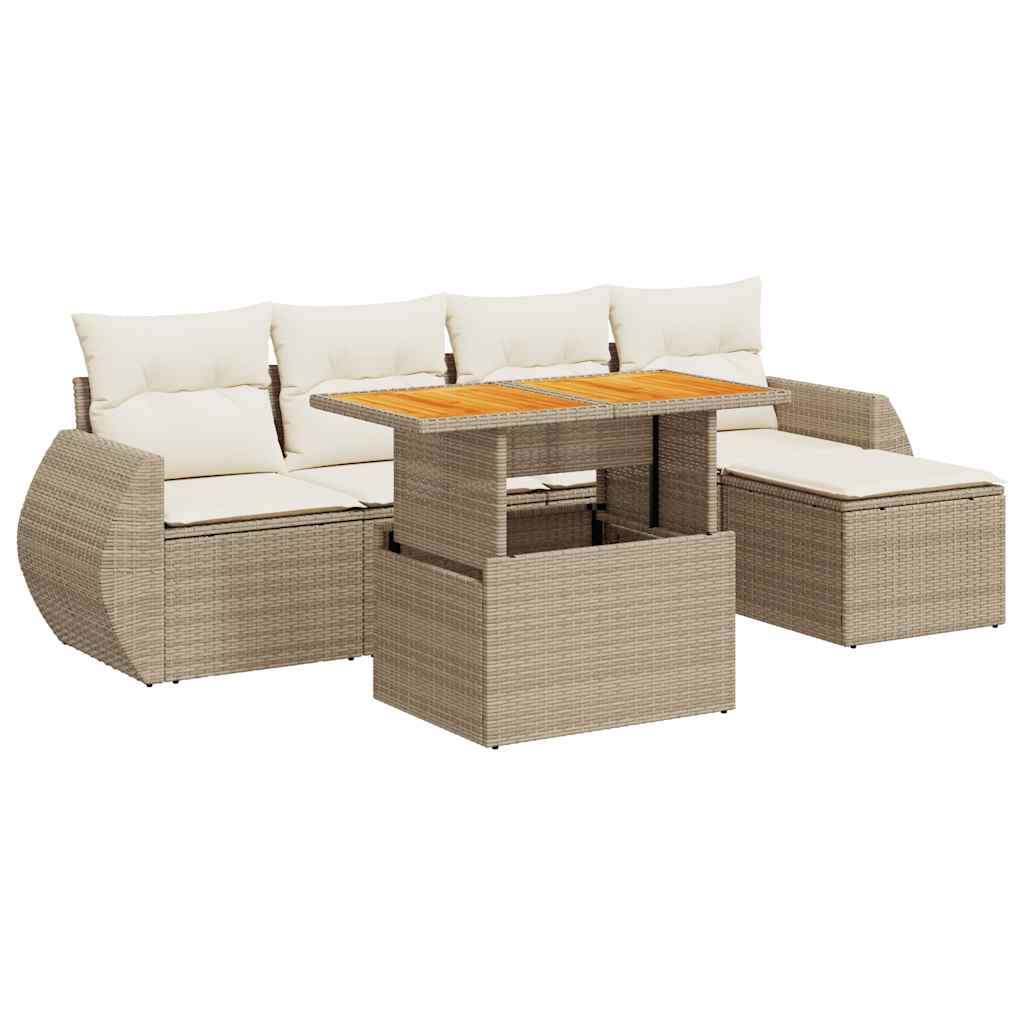 6-delige Loungeset met kussens poly rattan beige