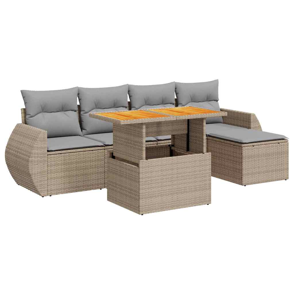 6-delige Loungeset met kussens poly rattan beige