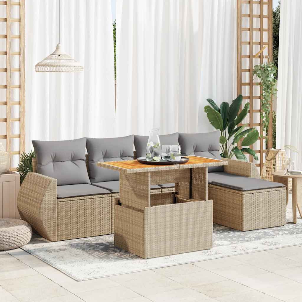 6-delige Loungeset met kussens poly rattan beige