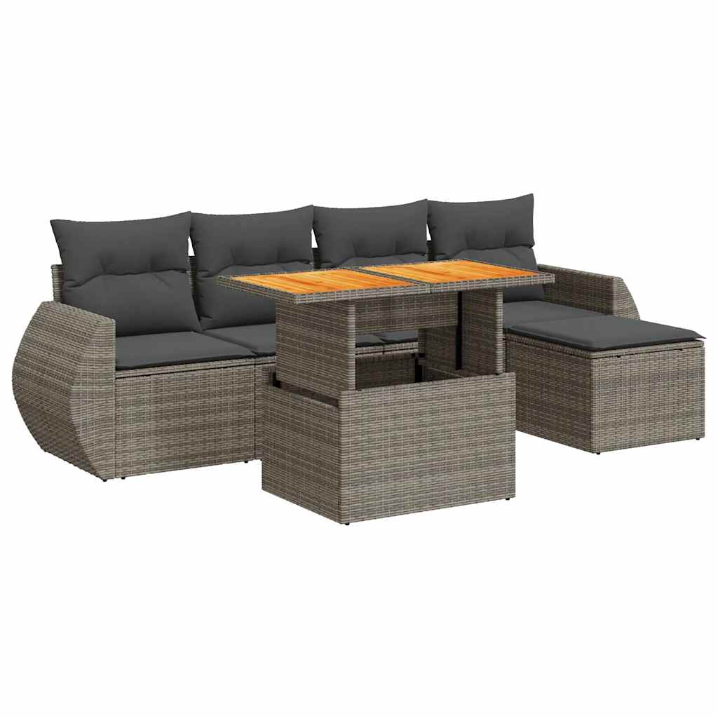 6-delige Loungeset met kussens poly rattan grijs