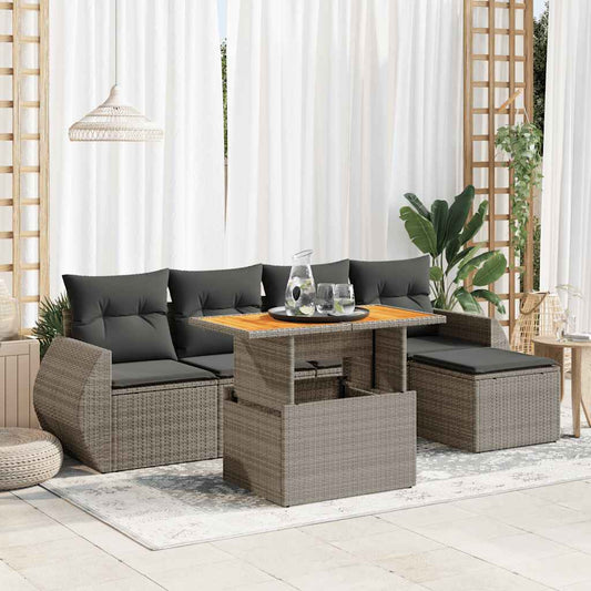 6-delige Loungeset met kussens poly rattan grijs