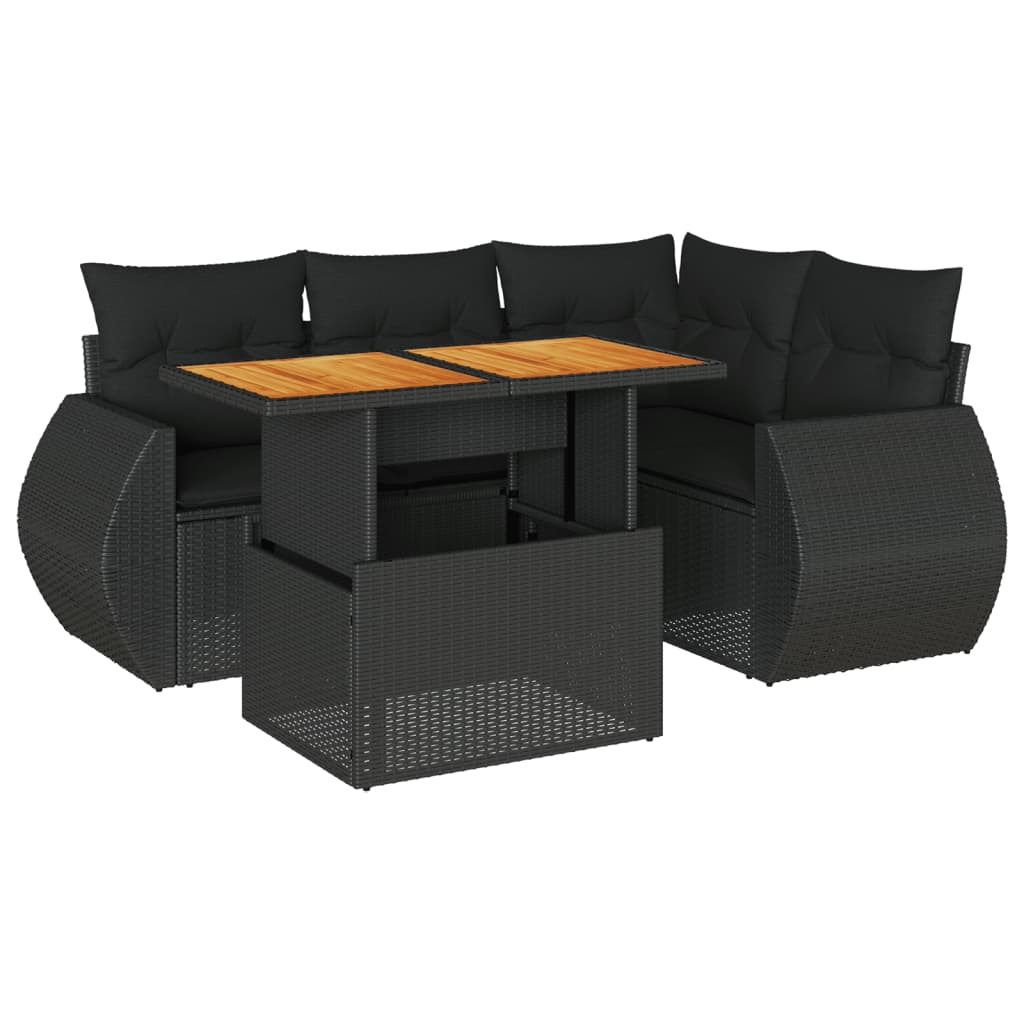 5-delige Loungeset met kussens poly rattan zwart