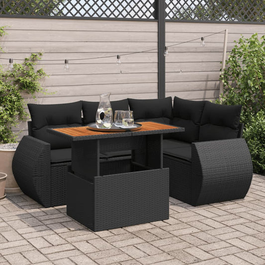 5-delige Loungeset met kussens poly rattan zwart