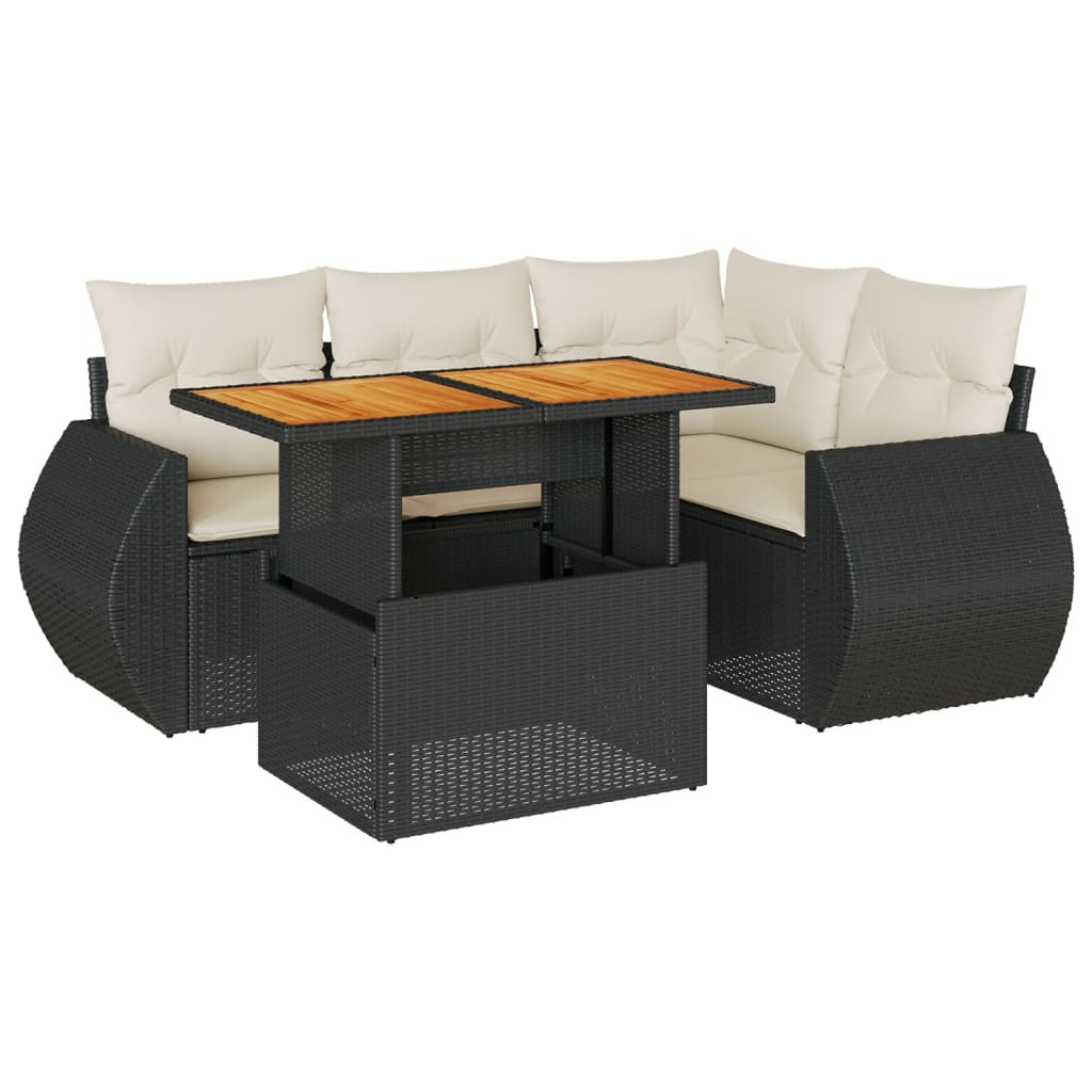 5-delige Loungeset met kussens poly rattan zwart