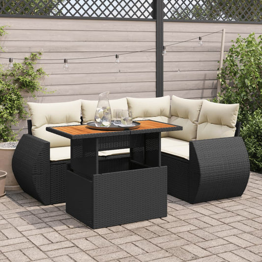 5-delige Loungeset met kussens poly rattan zwart