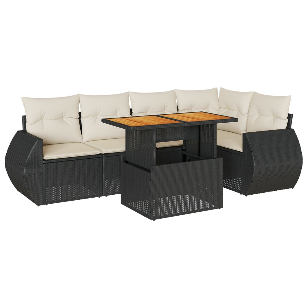 6-delige Loungeset met kussens poly rattan zwart