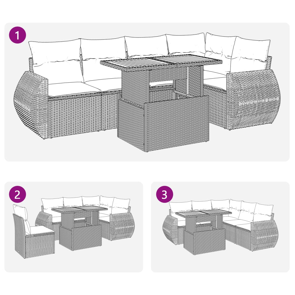 6-delige Loungeset met kussens poly rattan zwart