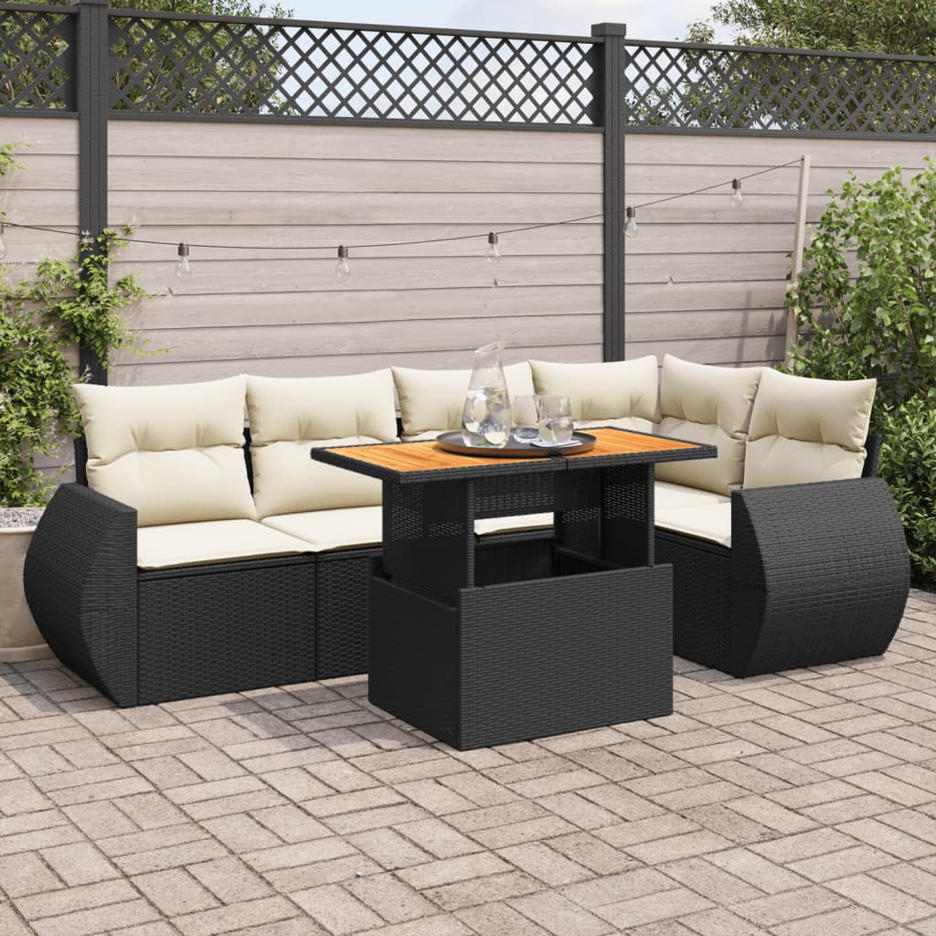 6-delige Loungeset met kussens poly rattan zwart