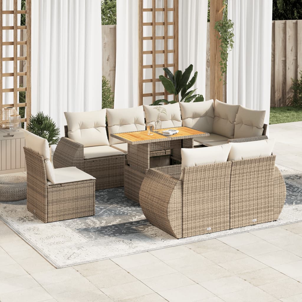 9-delige Loungeset met kussens poly rattan beige