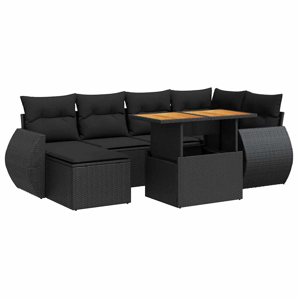 7-delige Loungeset met kussens poly rattan zwart