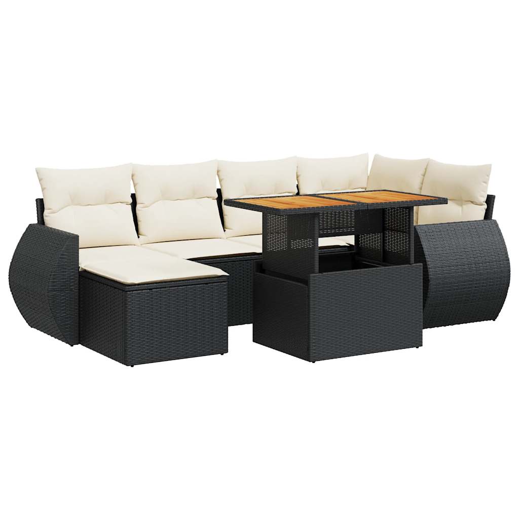 7-delige Loungeset met kussens poly rattan zwart