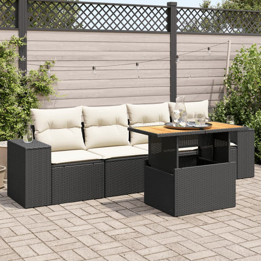 5-delige Loungeset met kussens poly rattan zwart