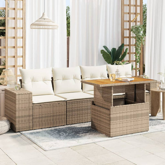 5-delige Loungeset met kussens poly rattan beige