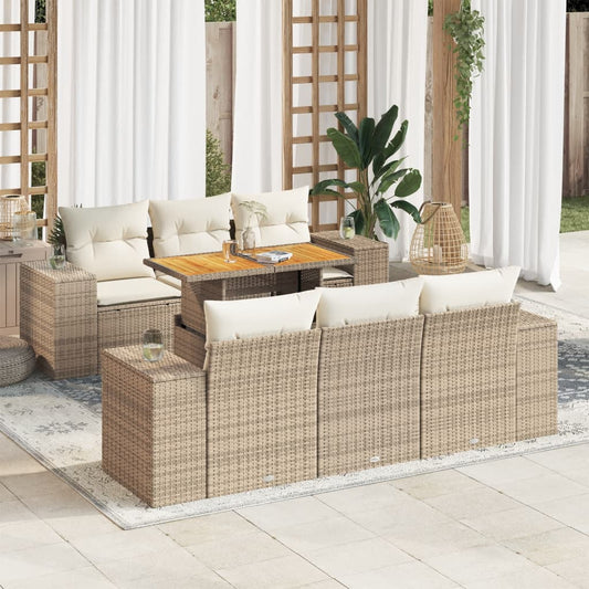 7-delige Loungeset met kussens poly rattan beige