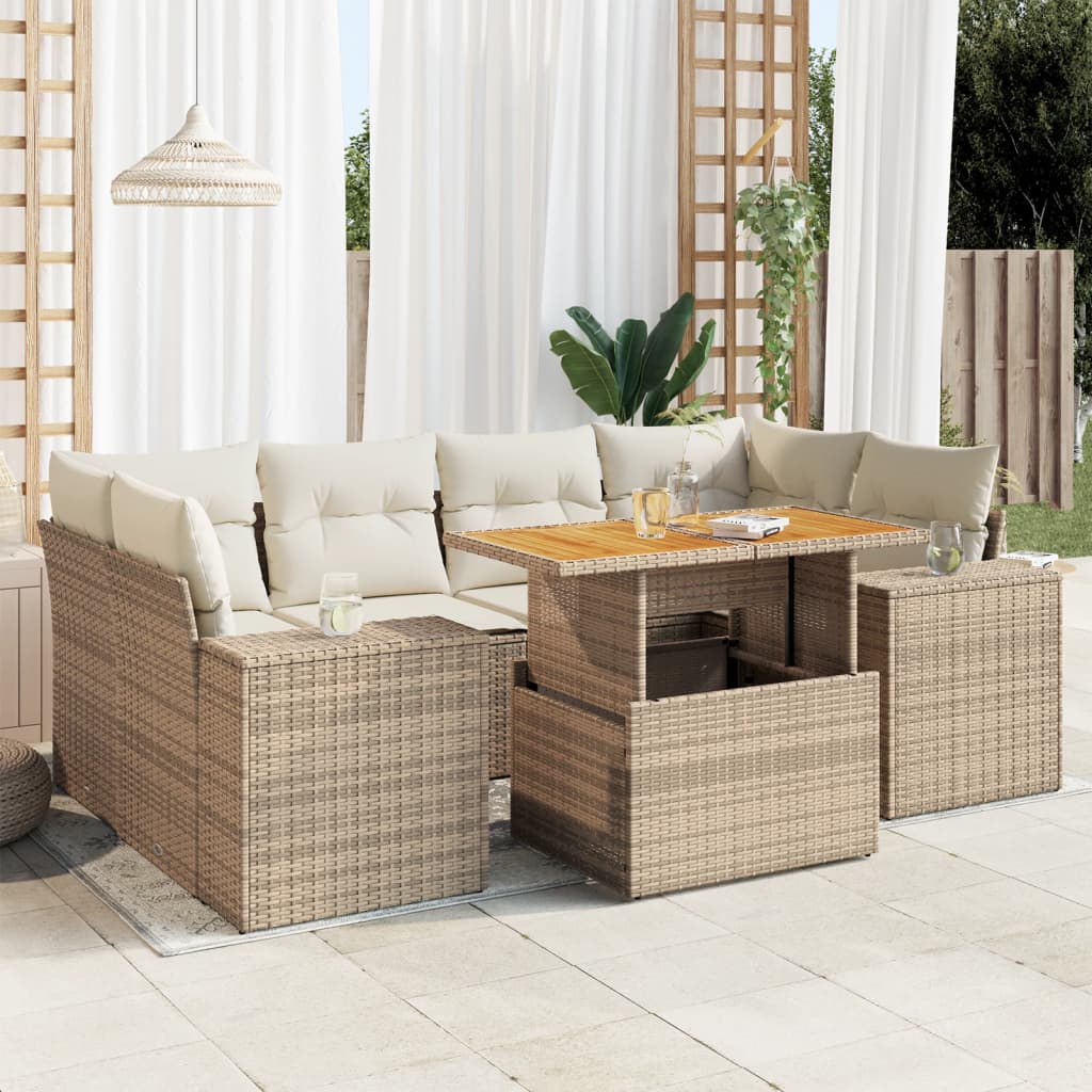 7-delige Loungeset met kussens poly rattan beige