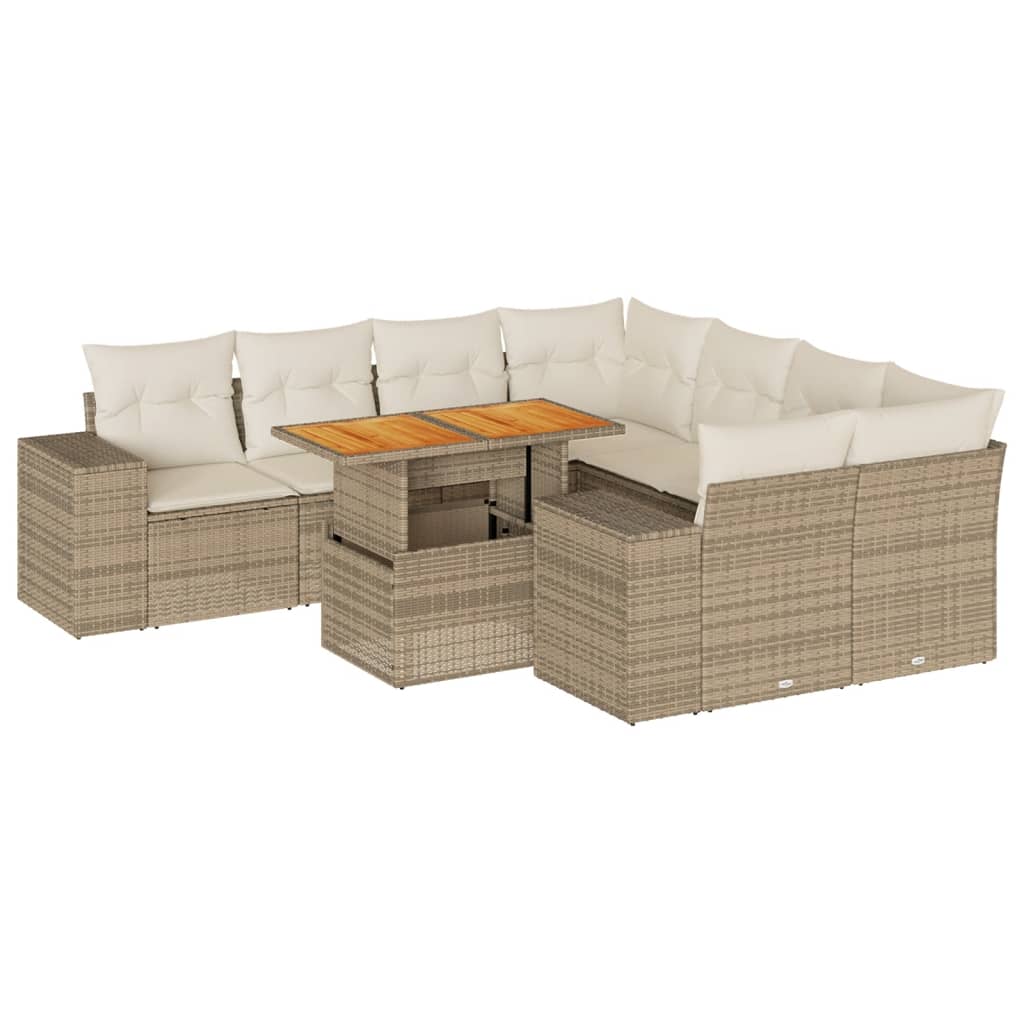 9-delige Loungeset met kussens poly rattan beige