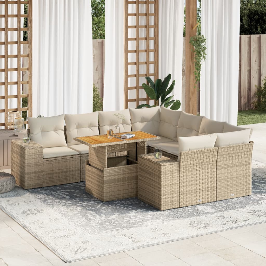 9-delige Loungeset met kussens poly rattan beige