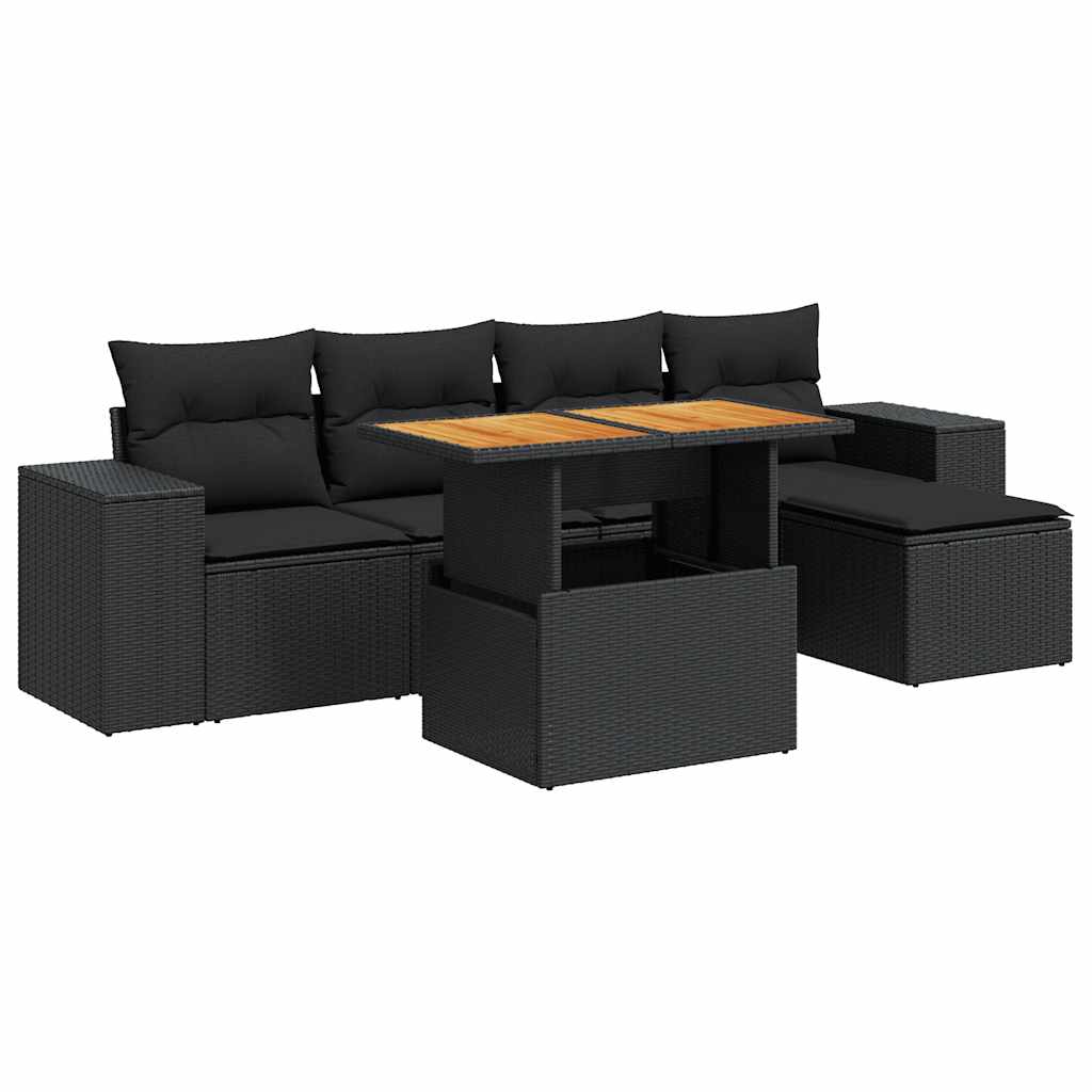 6-delige Loungeset met kussens poly rattan zwart