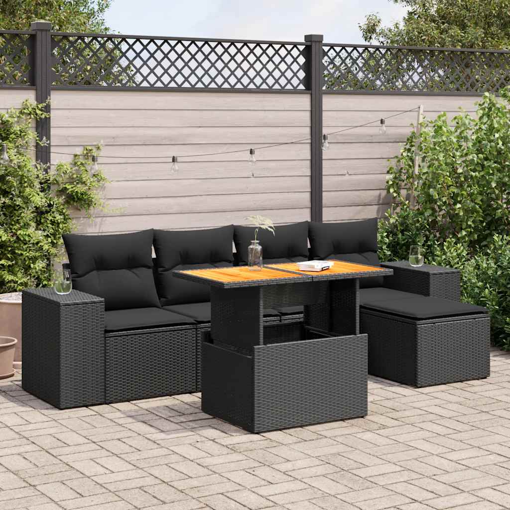 6-delige Loungeset met kussens poly rattan zwart