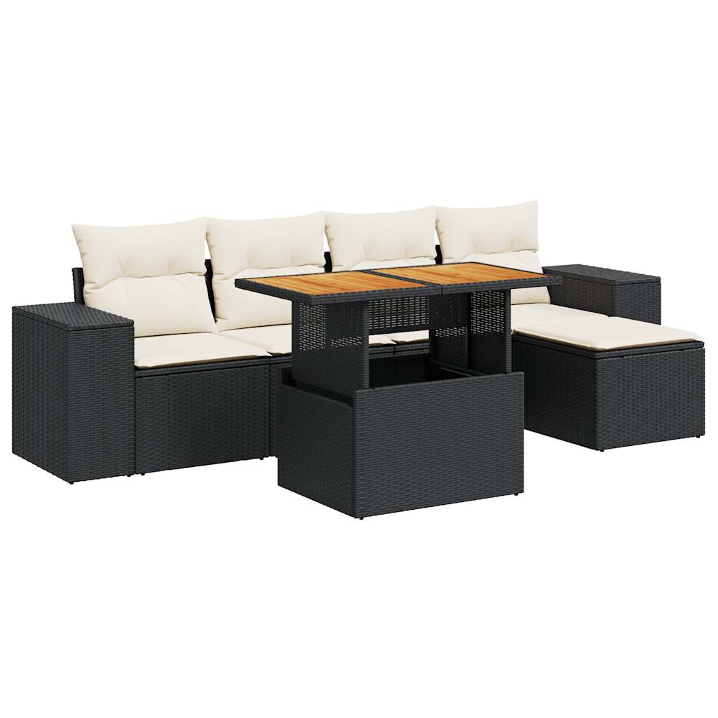 6-delige Loungeset met kussens poly rattan zwart