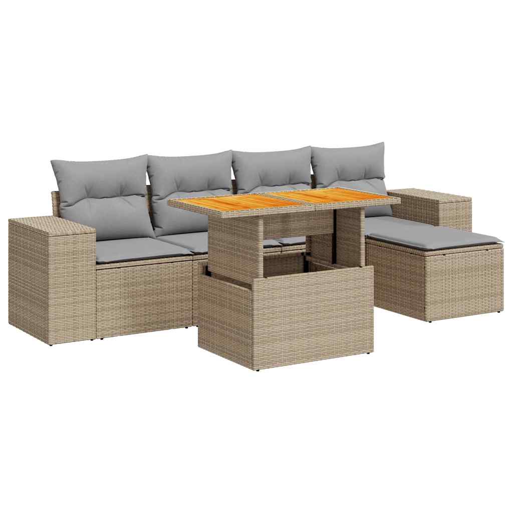 6-delige Loungeset met kussens poly rattan beige