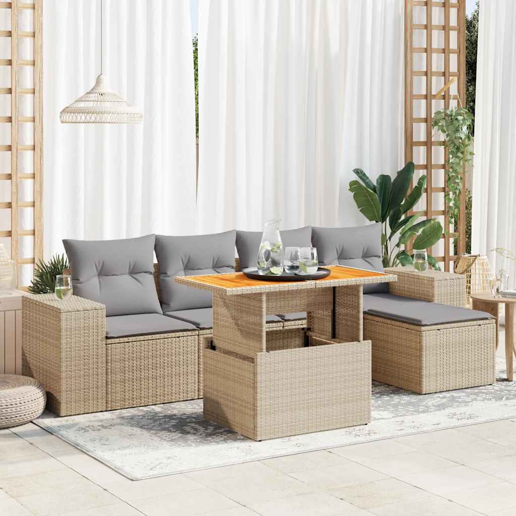 6-delige Loungeset met kussens poly rattan beige