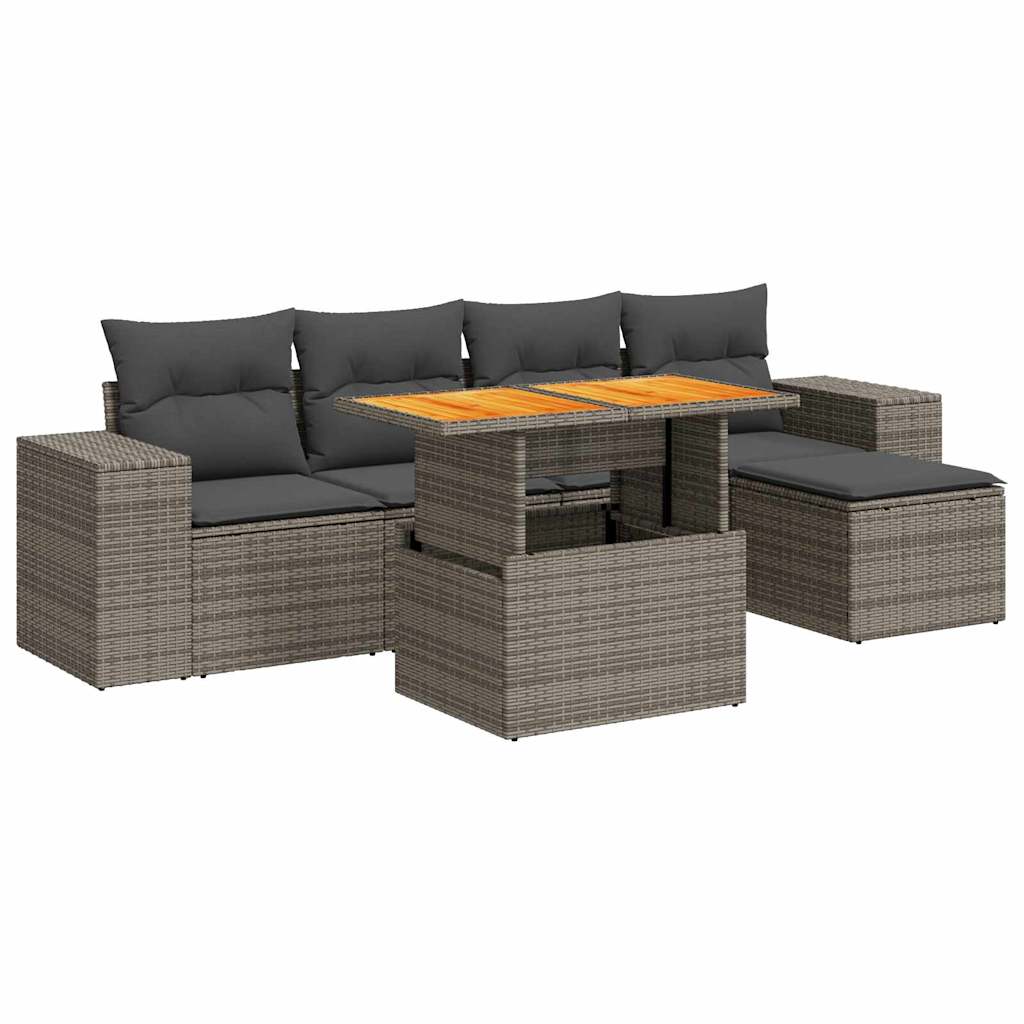 6-delige Loungeset met kussens poly rattan grijs