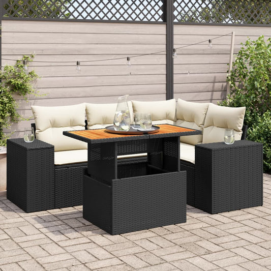 5-delige Loungeset met kussens poly rattan zwart