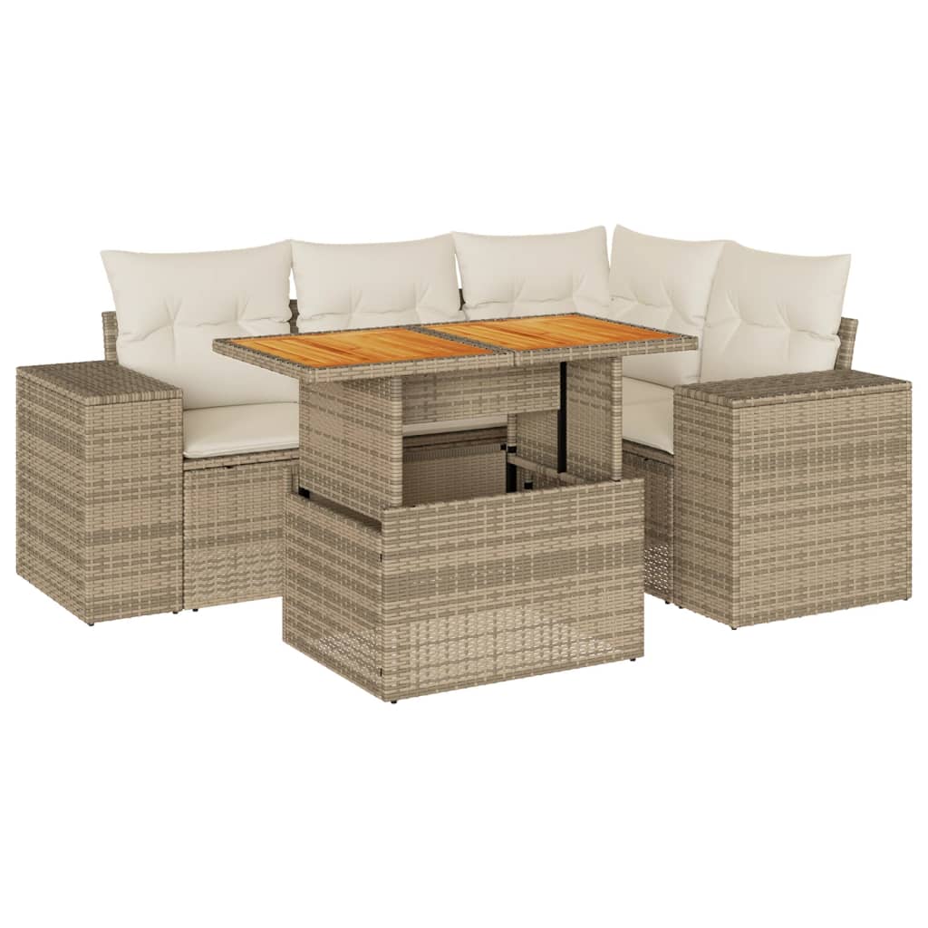 5-delige Loungeset met kussens poly rattan beige