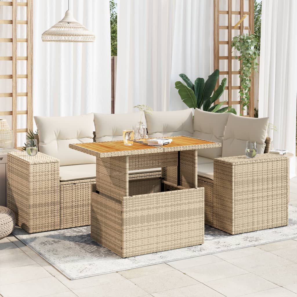 5-delige Loungeset met kussens poly rattan beige