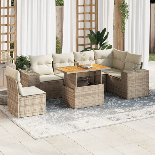 7-delige Loungeset met kussens poly rattan beige