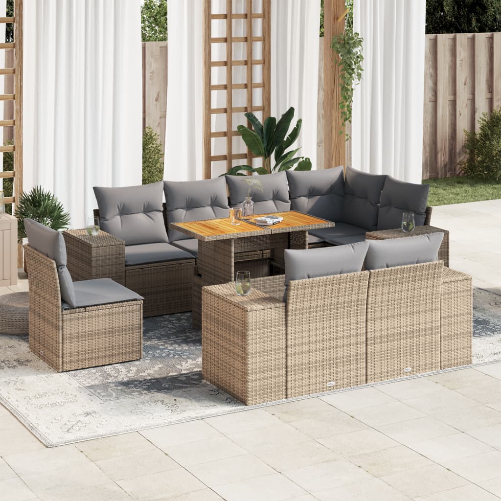 9-delige Loungeset met kussens poly rattan beige