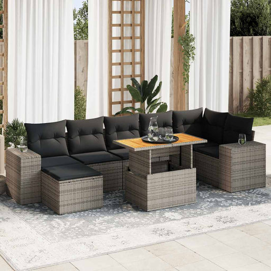 8-delige Loungeset met kussens poly rattan grijs