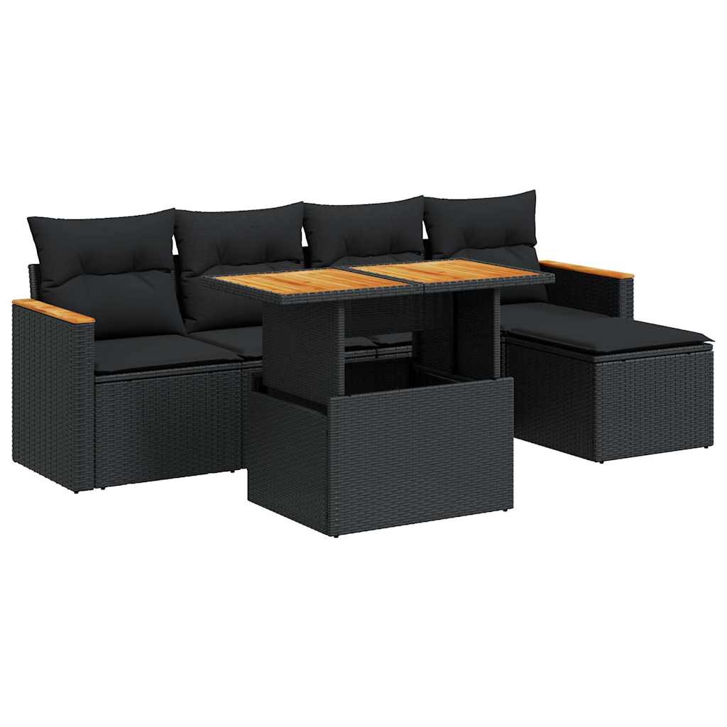 6-delige Loungeset met kussens poly rattan acacia zwart