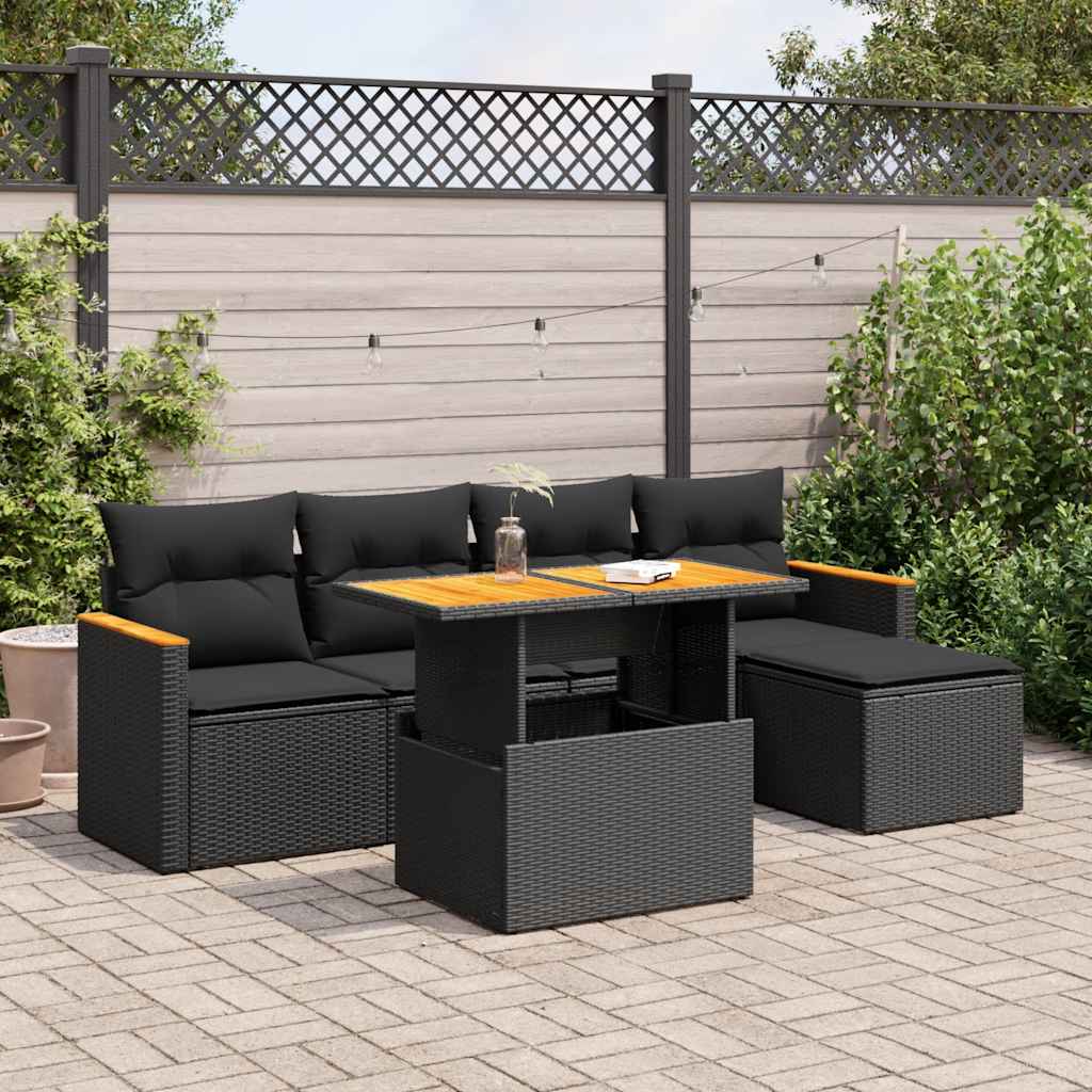 6-delige Loungeset met kussens poly rattan acacia zwart