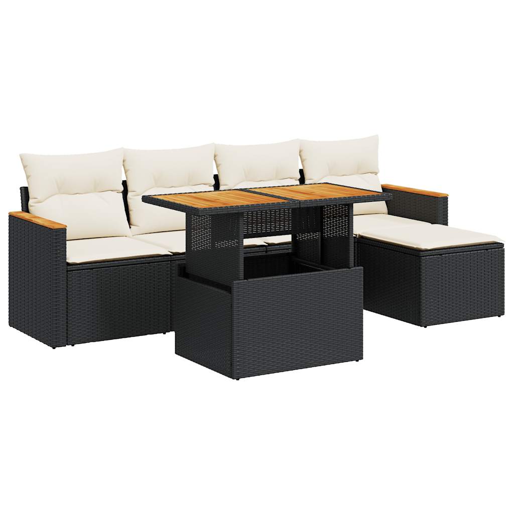 6-delige Loungeset met kussens poly rattan acacia zwart