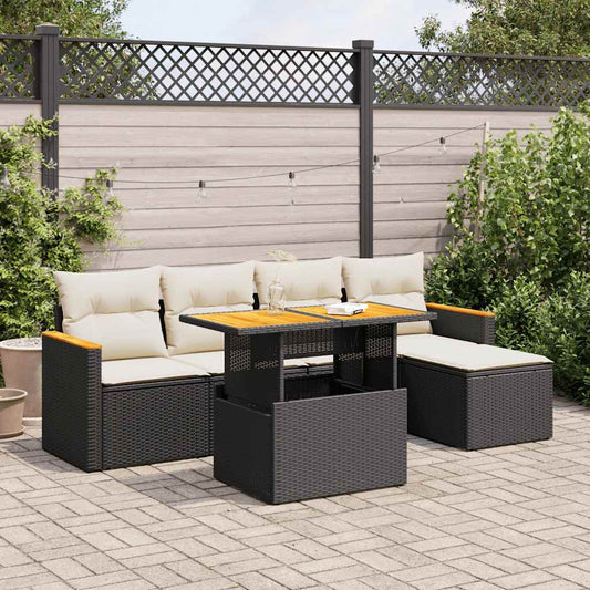 6-delige Loungeset met kussens poly rattan acacia zwart