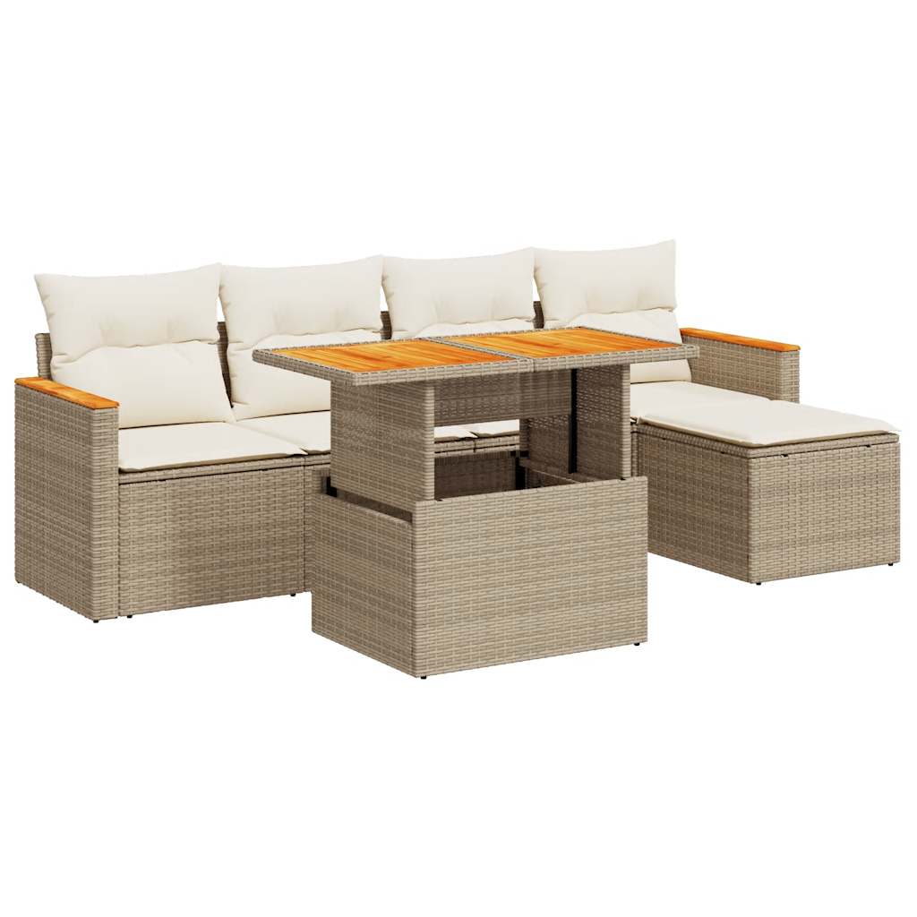 6-delige Loungeset met kussens poly rattan acacia beige