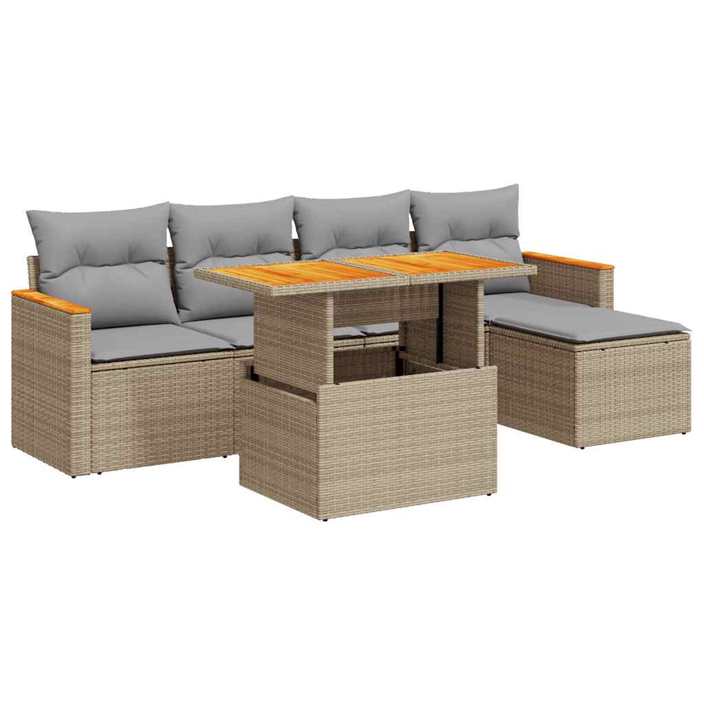 6-delige Loungeset met kussens poly rattan acacia beige