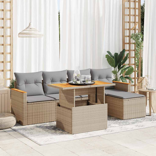 6-delige Loungeset met kussens poly rattan acacia beige