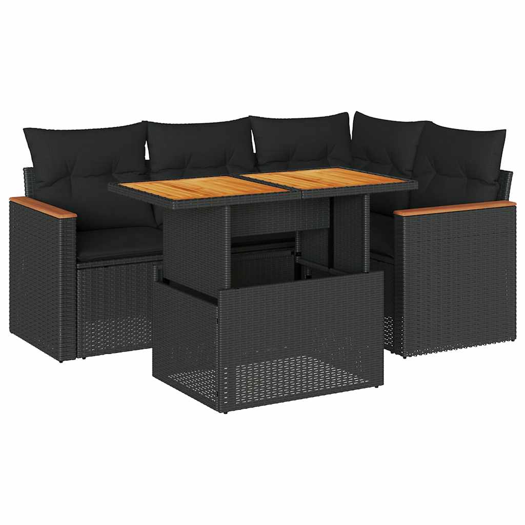 5-delige Loungeset met kussens poly rattan acacia zwart