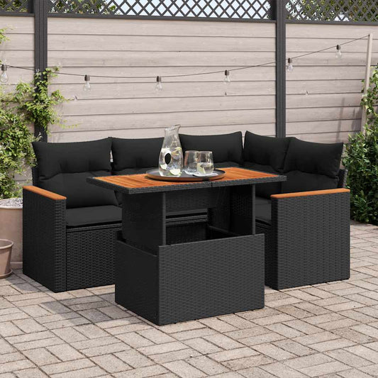 5-delige Loungeset met kussens poly rattan acacia zwart