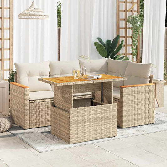 5-delige Loungeset met kussens poly rattan en acaciahout beige