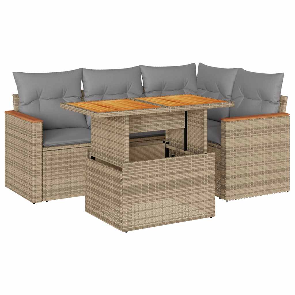 5-delige Loungeset met kussens poly rattan en acaciahout beige