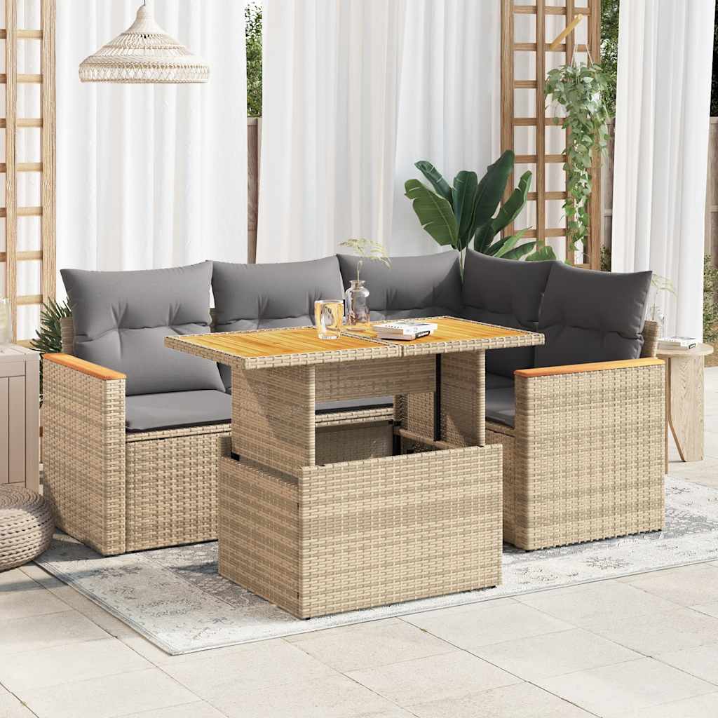 5-delige Loungeset met kussens poly rattan en acaciahout beige