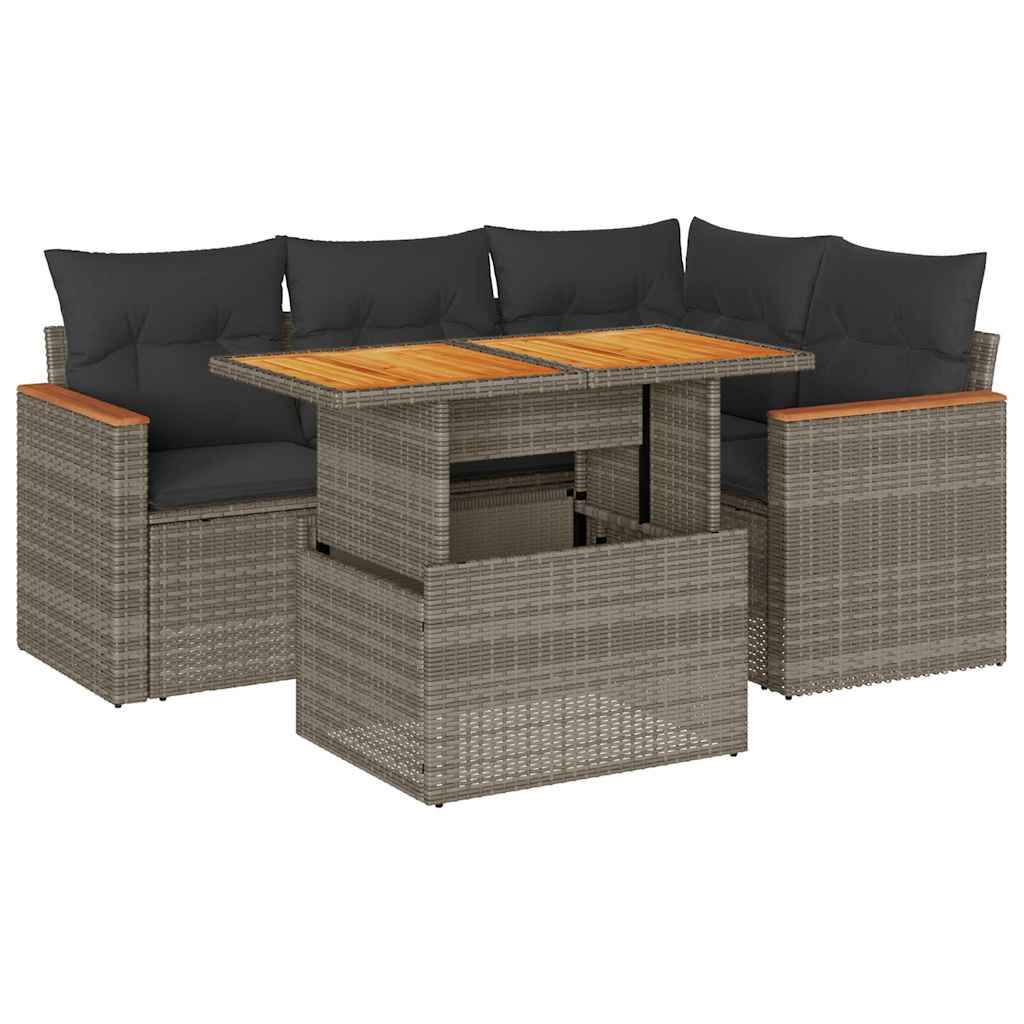 5-delige Loungeset met kussens poly rattan acacia grijs