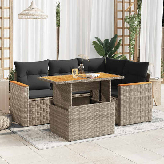 5-delige Loungeset met kussens poly rattan acacia grijs